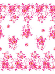 Violet, pink flowers with a paisley element, delicate curls, bright leaves, inflorescences of berries. Floral seamless pattern.