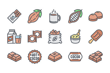 Chocolate related color line icon set. Cocoa industry colorful linear icons. Cacao flat color outline vector sign collection.