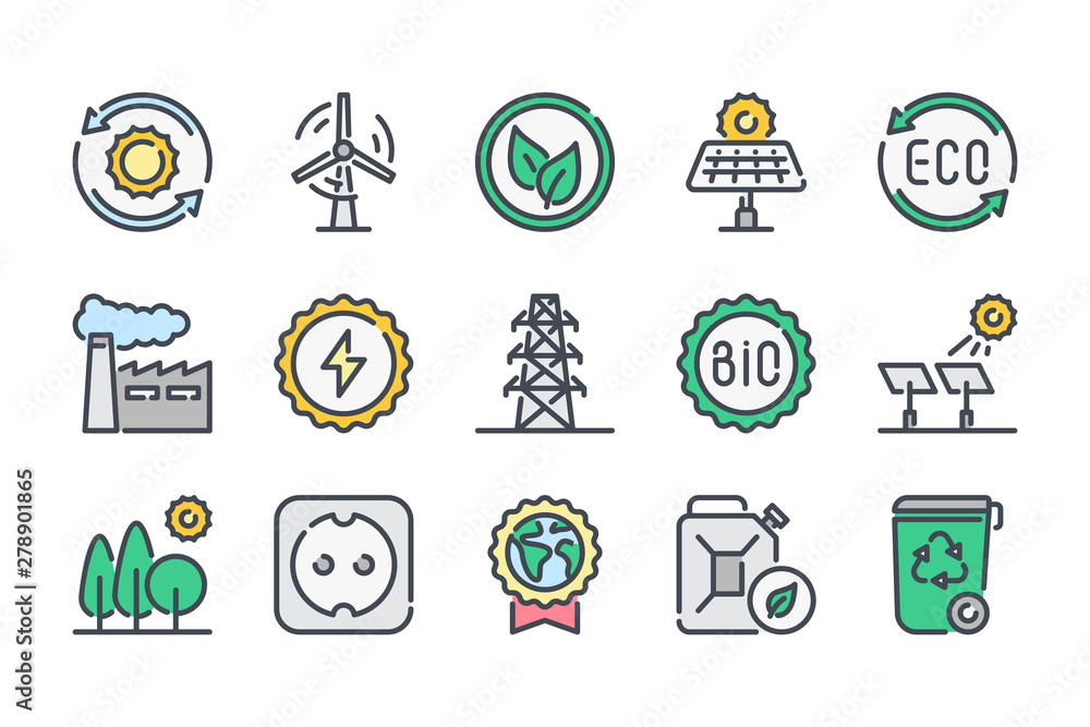 Poster ecology related color line icon set. ecology and nature colorful linear icons. environment flat colo