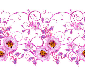 Violet, pink flowers with a paisley element, delicate curls, bright leaves, inflorescences of berries. Floral seamless pattern.