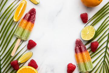 Summer ice lollies with fruit and a tropical palm leaf
