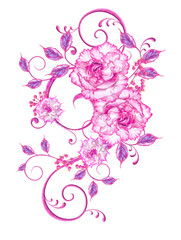 Flower arrangement of delicate pink roses, lilac leaves, openwork curls, vintage retro style. Isolated on white background.