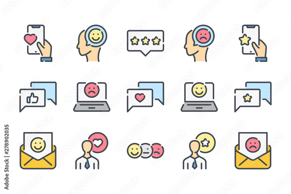 Poster testimonials related color line icon set. feedback colorful linear icons. review and survey flat col
