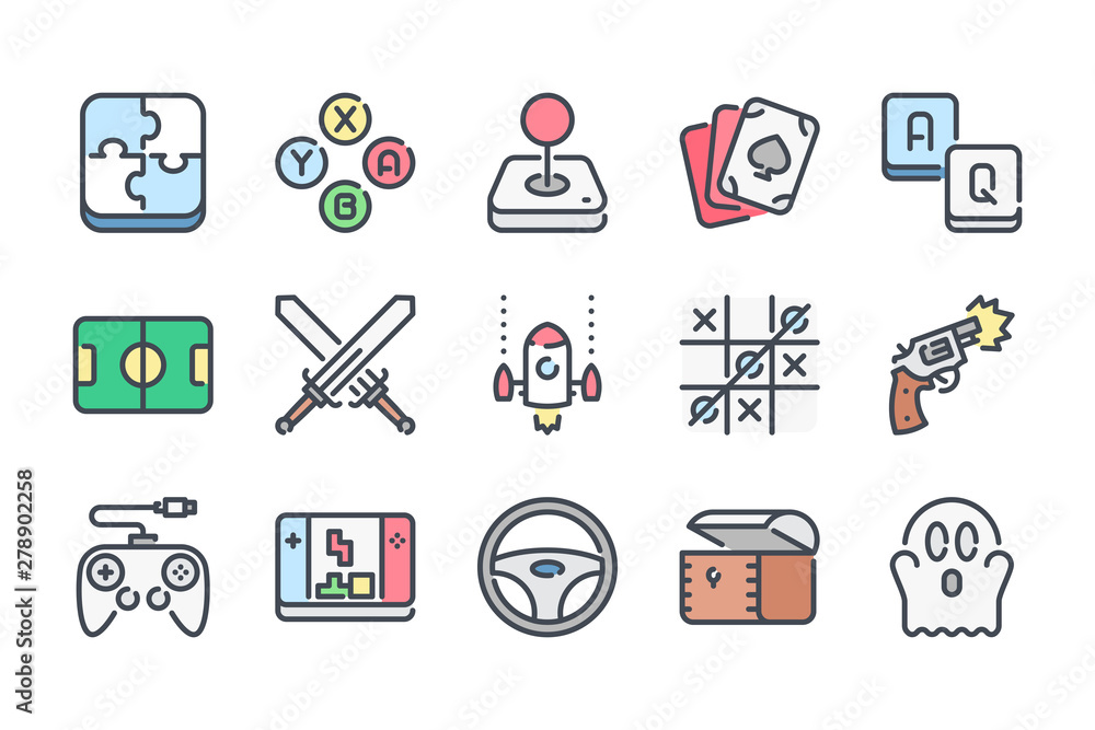 Poster video game related color line icon set. games category colorful linear icons. mobile game flat color