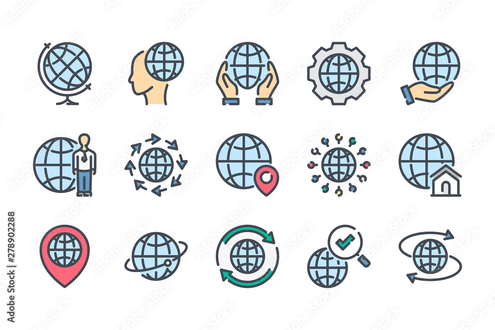 Poster globe related color line icon set. world map colorful linear icons. earth and location flat color ou