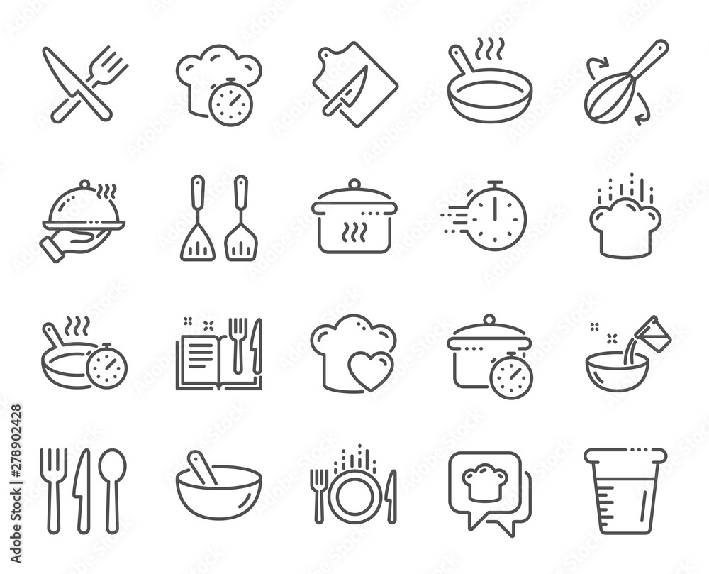 Wall mural cooking line icons. boiling time, frying pan and kitchen utensils. fork, spoon and knife line icons.