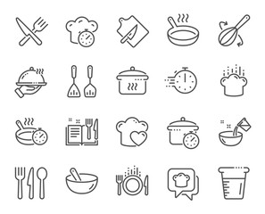 Cooking line icons. Boiling time, Frying pan and Kitchen utensils. Fork, spoon and knife line icons. Recipe book, chef hat and cutting board. Cooking book, frying time, hot pan. Vector