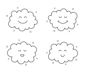 Cute clouds. Smile and yummy happy face. Cloud icons. Cartoon emoji face. Funny weather clouds. Cloudy summer sky. Cute smile vector
