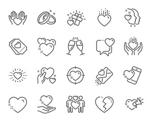 Love line icons. Gift box, Broken heart and Romantic letter. Wedding rings, glasses with champagne, love heart icons. Happy couple, heart holding, romantic loudspeaker. Quality design element. Vector