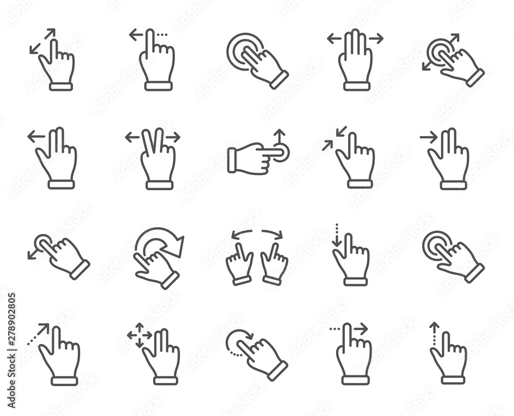 Poster touchscreen gesture line icons. hand swipe, slide gesture, multitasking icons. touchscreen technolog