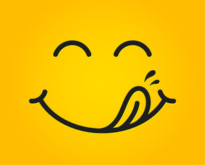 Yummy smile emoticon with tongue lick mouth. Tasty food eating emoji face. Delicious cartoon with saliva drops on yellow background. Smile face line design. Savory gourmet. Yummy vector