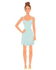 Vector illustration of smiling girl in mint dress under the white background. Cartoon realistic  people illustration. Flat young woman. Front view girl. Summer fashion look.