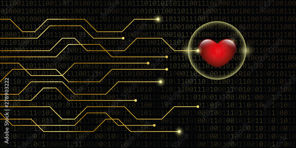 Aufkleber digital heart on golden binary code background online dating concept vector illustration eps10