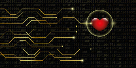 digital heart on golden binary code background online dating concept vector illustration EPS10