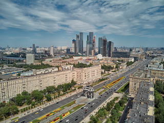 Naklejka na ściany i meble Moscow International Business Center and triumphal arch near poklonnaya hill in Moscow. Panorama. Aerial view