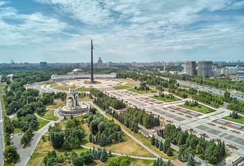 Victory monument. Victory Park on the Poklonnaya Gora the Poklonnay Hill. Cityscape aerial drone view.