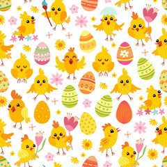 Fototapeta premium Easter eggs and chickens seamless pattern. Holiday vintage background