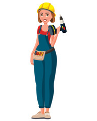 Woman profession character vector design. Cartoon realistic people illustration. Flat young woman worker. Builder. Woman in overalls with a helmet on her head with a screwdriver in hand. Tool belt bag