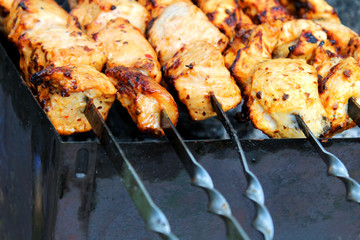 Pieces of meat on skewers cooking on the grill. Barbecue in the open air close-up