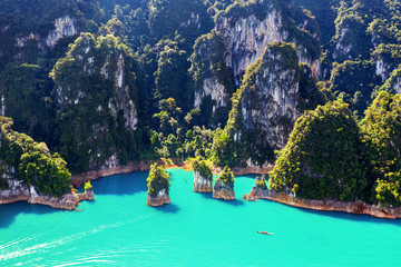 Aerial view of Beautiful mountains in Ratchaprapha Dam at Khao Sok National Park, Surat Thani Province, Thailand.