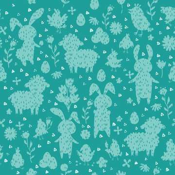 Seamless childish pattern with cute bunny chickens, eggs silhouette.