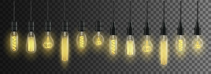 Set of realistic glowing vintage lamps. Edison incandescent bulb. Isolated vector illustration.