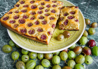 on marble tabletop homemade gooseberry pie