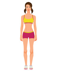 Vector illustration of sportive girl with two tails in sportswear under the white background. Cartoon realistic people illustration. Flat young woman. Front view girl.