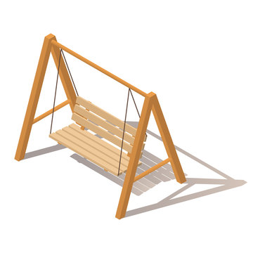 Outdoor garden wooden hanging on frame porch swing bench furniture with ropes isolated on white background. Isometric vector illustration. Isometric swing. 