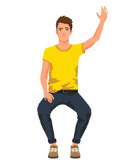 Vector illustration of sitting man with hand up in casual clothes. Cartoon realistic people illustration. Flat young man. Front view man. Greeting
