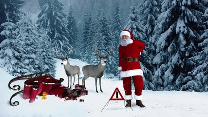 Santa Claus had an accident with his sleigh and secured the crash site. 4K Aánimated motion graphic.