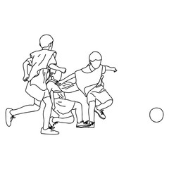 three boys fighting soccer together vector illustration sketch doodle hand drawn with black lines isolated on white background