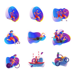 Sports icon set. Sports disciplines such as running, swimming, football, kayaks and motocross are included.  Vector illustration. 