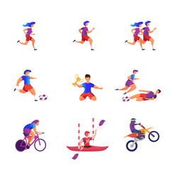 Sports icon set. Sports disciplines such as running, swimming, football, kayaks and motocross are included.  Vector illustration. 