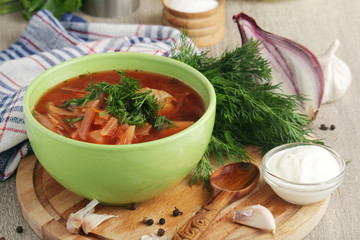 A bowl with traditional Ukrainian borscht	
