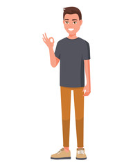 Vector illustration of smiling man in casual clothes with hand ok sign. Cartoon realistic people set. Flat young man. Front view man, Isometric view.