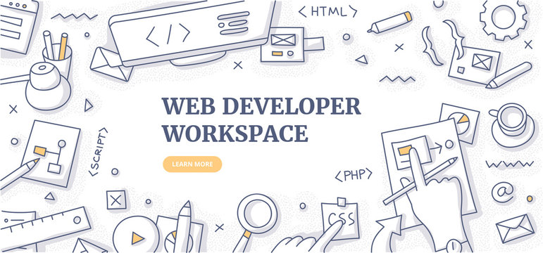 Web Developer Workspace Doodle Background Concept