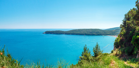 Panoramic view from above to the Adriatic sea coastline and Jaz beach near a Budva city, Montenegro