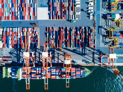 Aerial view of colorful industrial shipping containers