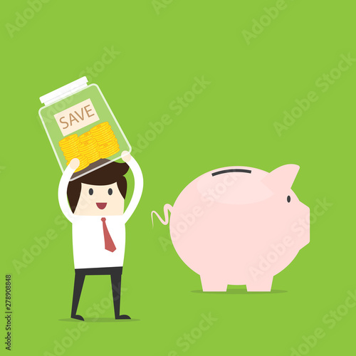 Businessman Stand Hold Money Gold Coin In Glass Bottles - 