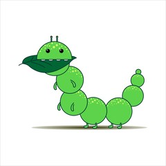 Funny Green Caterpillar Eats a Leaf. Caterpillar Destroys The Crop. Insect Pest. Modern flat Vector image Isolated on white background.