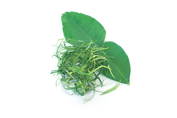 Kaffir lime leaves on white background.