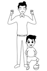 Family single father with children cartoon in black and white