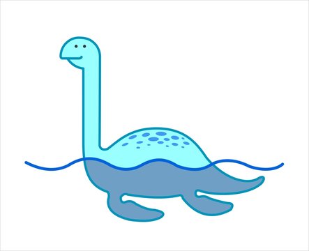 Cute Marine Dinosaur with Flippers, Dino. Loch Ness Monster. Elasmosaurus. For Print. Modern flat Vector image Isolated on white background.