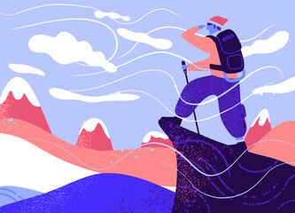 Man with bag on the rock. Extreme outdoor sports. Climbing the mountains. Vector illustration