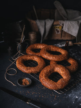 Bagles stacked on a vintage flat wire rack
