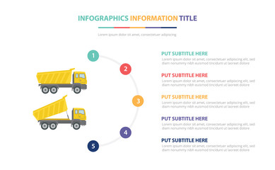 dump truck infographic template concept with five points list and various color with clean modern white background - vector