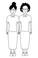 Grandmothers friends smiling cartoon in black and white