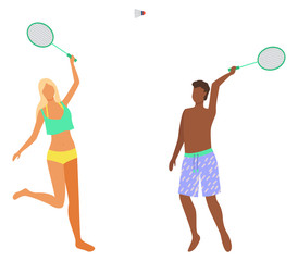 Man and woman in bikini having fun playing badminton game on beach. People in swimsuits play with ball outdoors isolated cartoon characters, vector