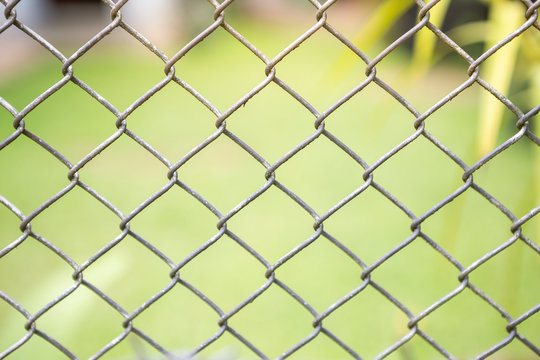 stainless Steel Chainlink fencings over blurred green garden background, outdoor day light, Metal Chain Link Fence Background
